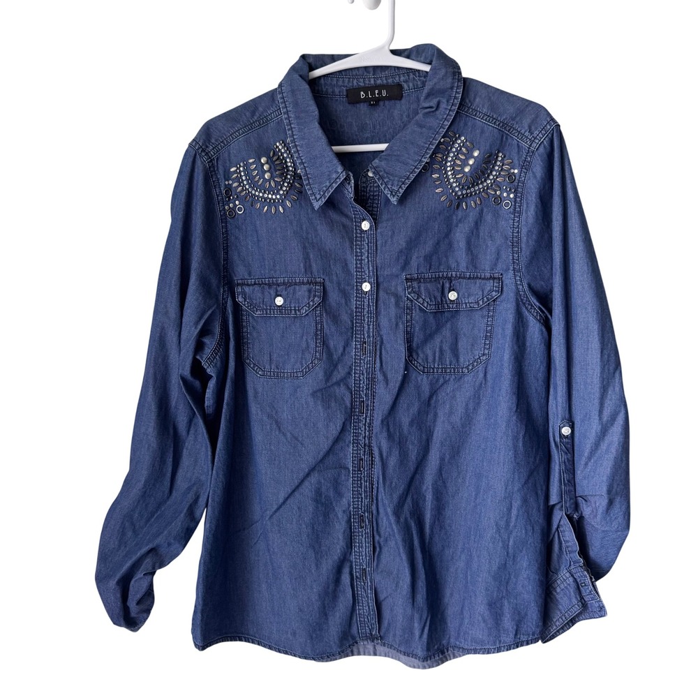 B.L.E.U. Womens Blue Denim Studded Western Button Down Chambray Shirt XL
